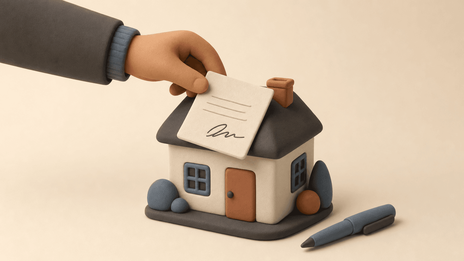 Hand placing a signed offer document on a clay house