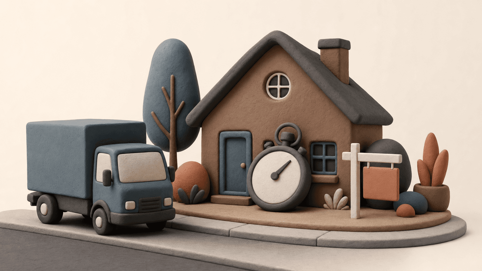 Clay house with a sold sign, a stopwatch and a moving truck