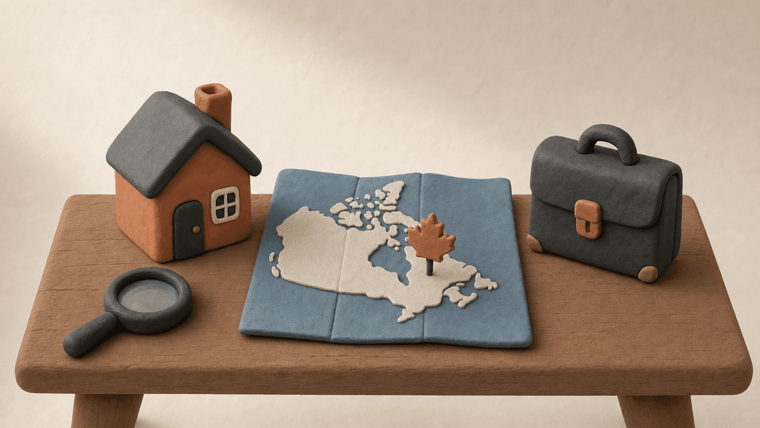 Clay house beside a map of Canada and a magnifying glass
