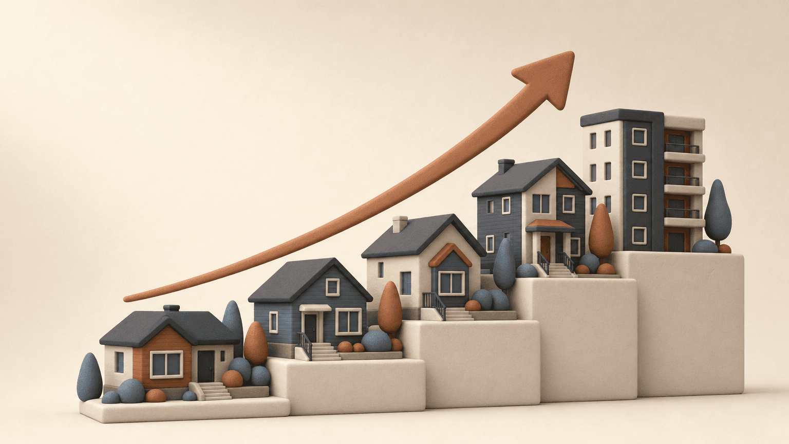 Clay model of Edmonton homes with upward growth arrow
