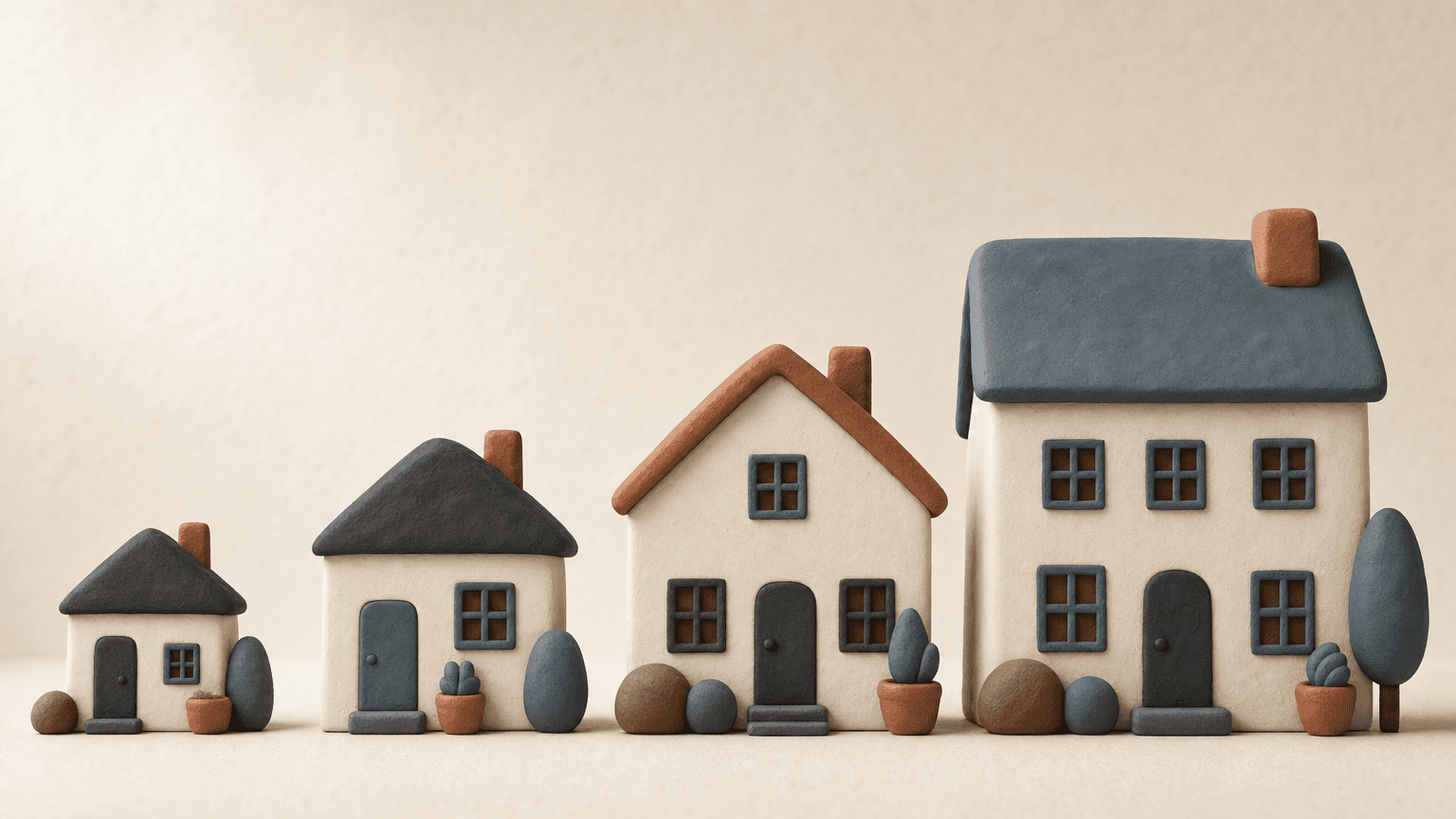 Clay houses of varying sizes sized to show price differences between cities