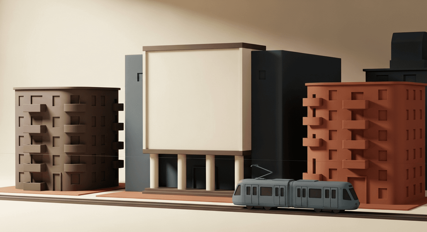 Clay university building beside apartments with an LRT train