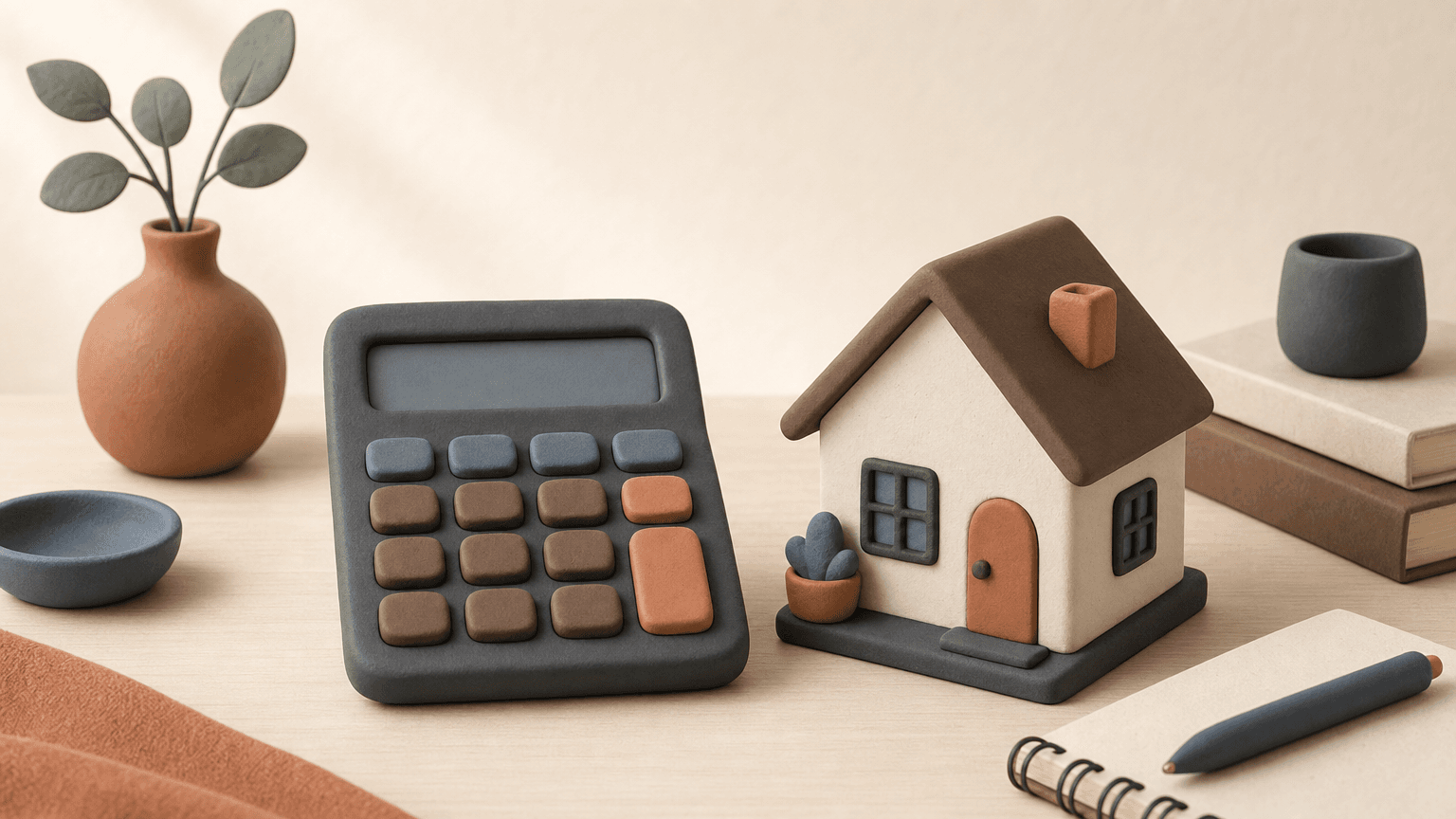 Calculator and a model house on a desk