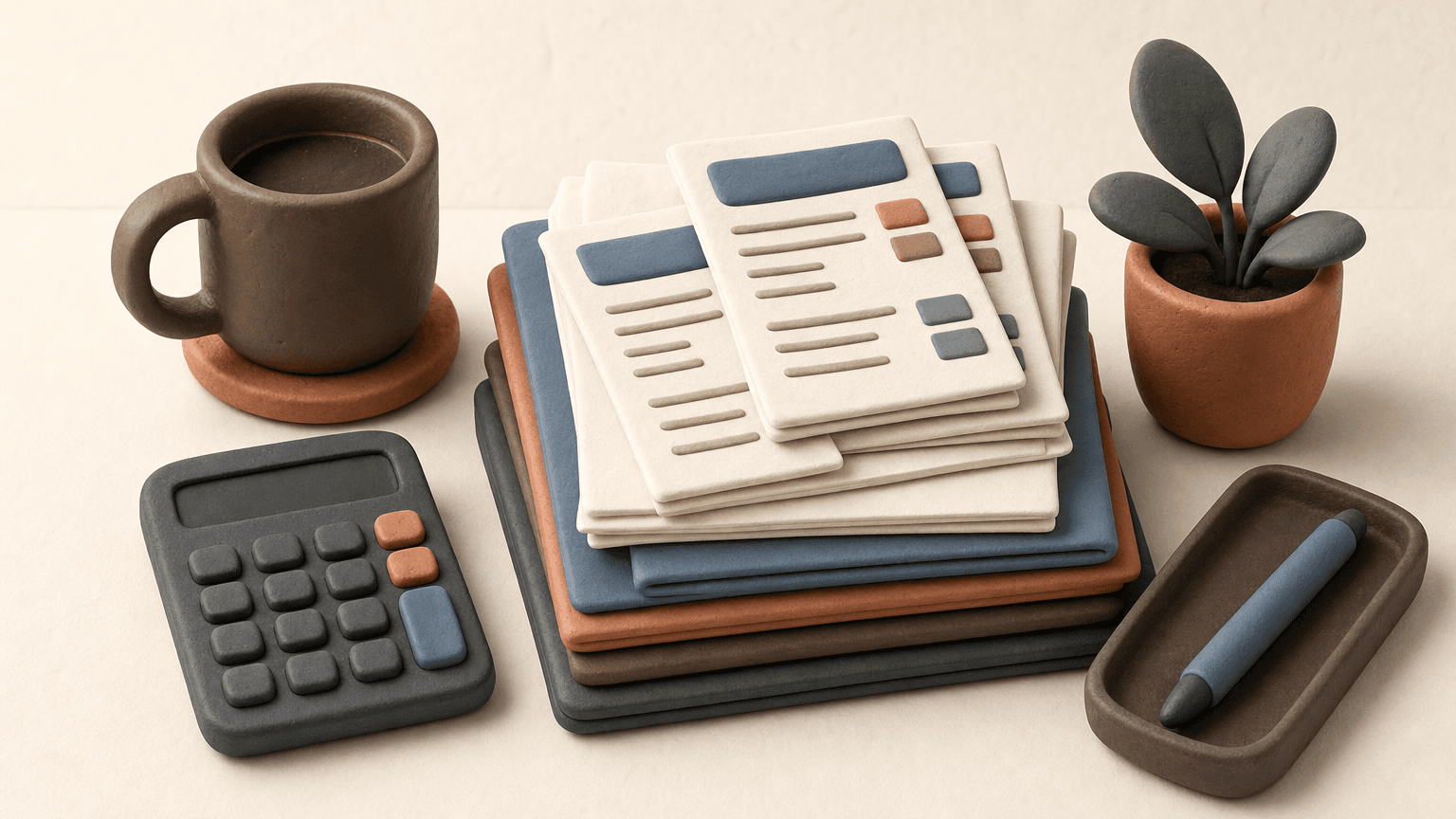 Clay figure reviewing financial documents at a desk
