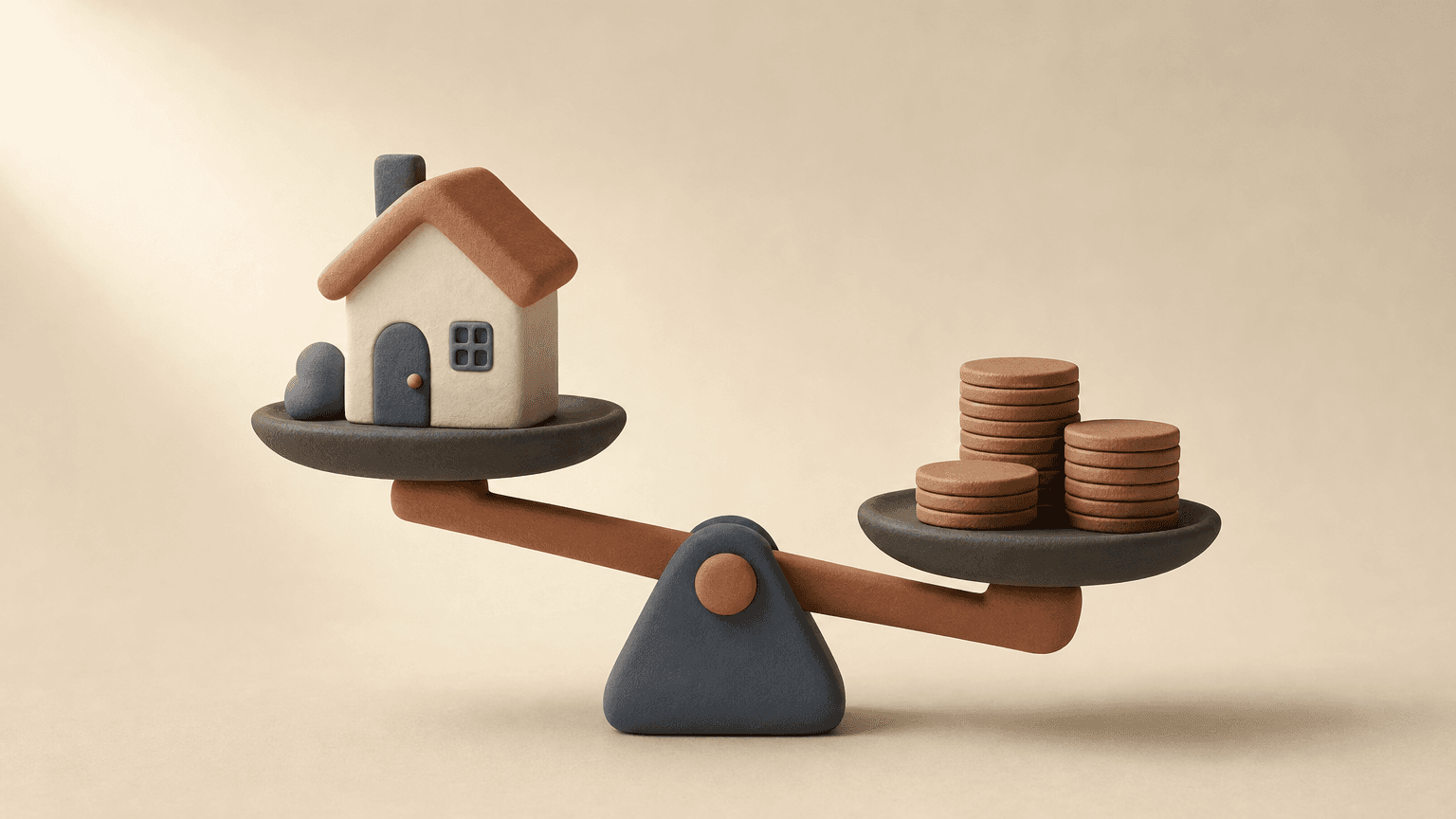 Clay house figure beside stacks of coins on a balance scale
