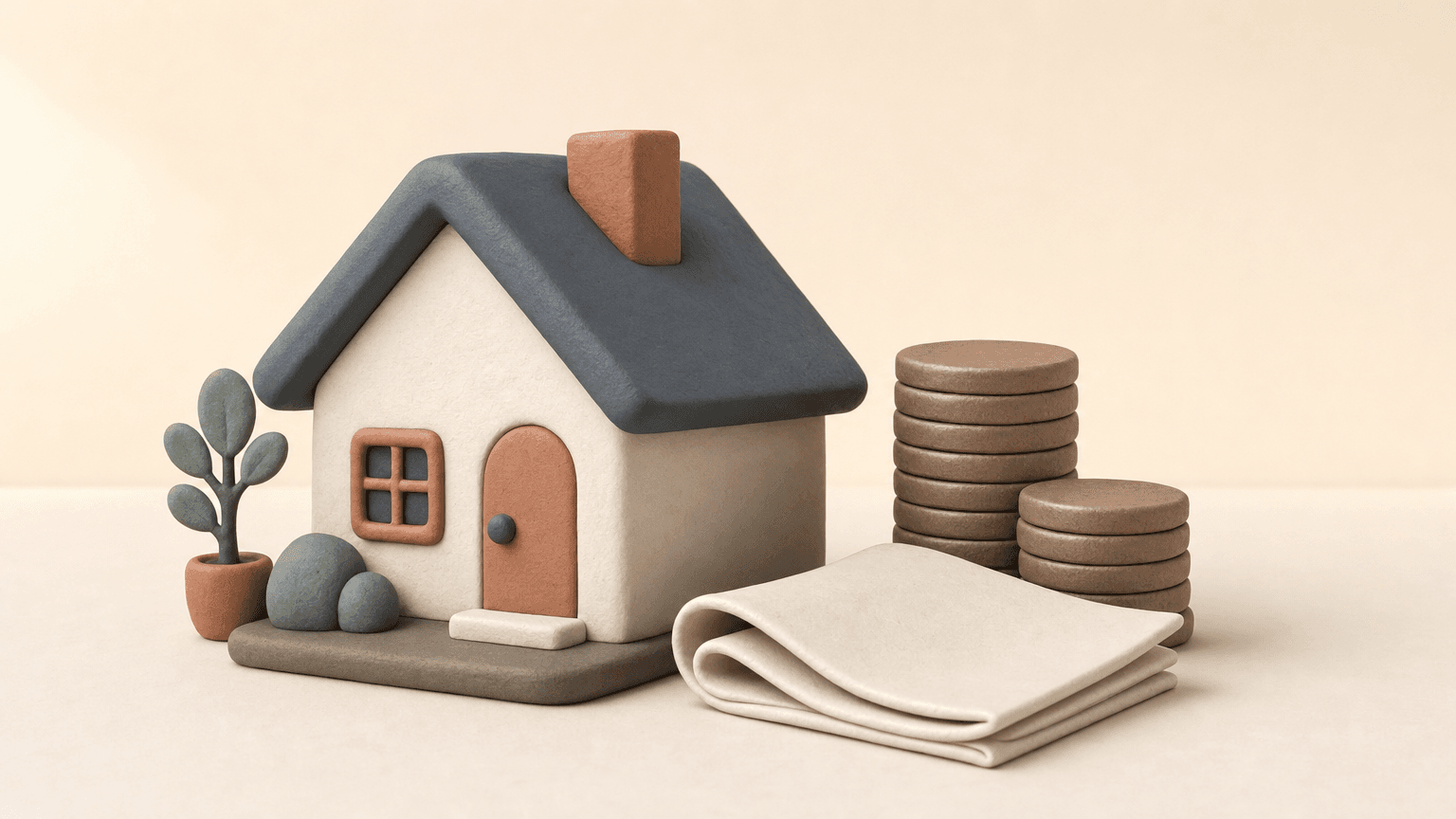 Clay coins stacked beside a small clay house