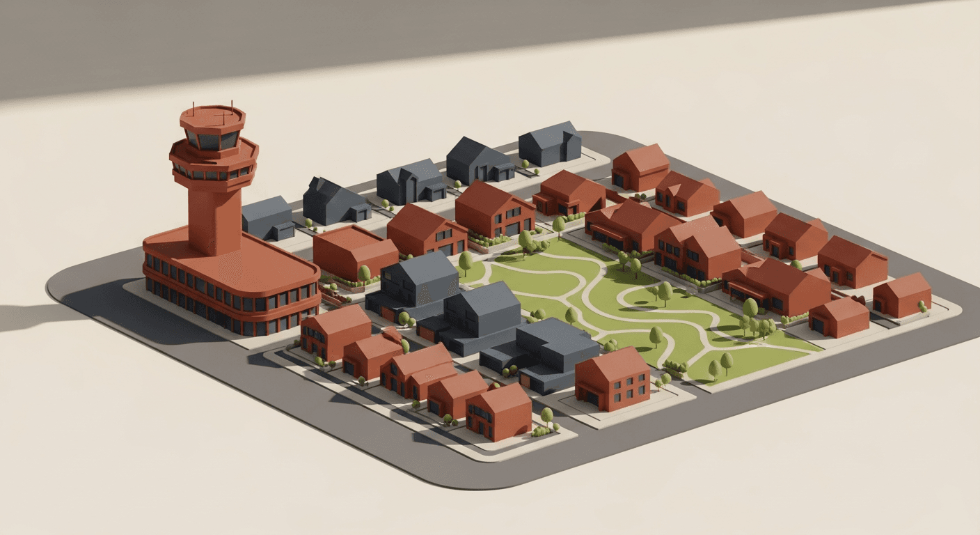 Clay town plan of Leduc with suburban homes and an airport control tower