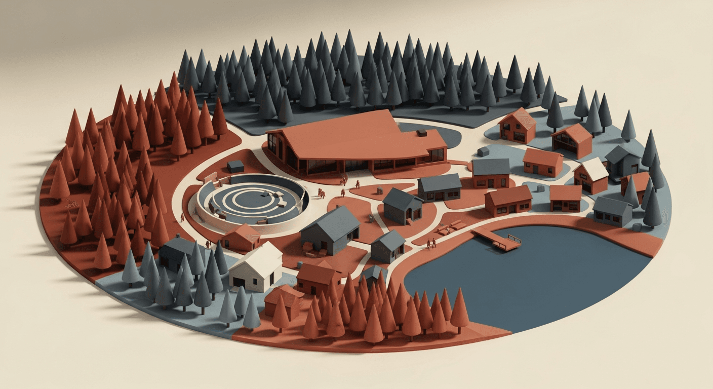 Clay diorama of Sherwood Park as a forested town with a community pavilion and pond
