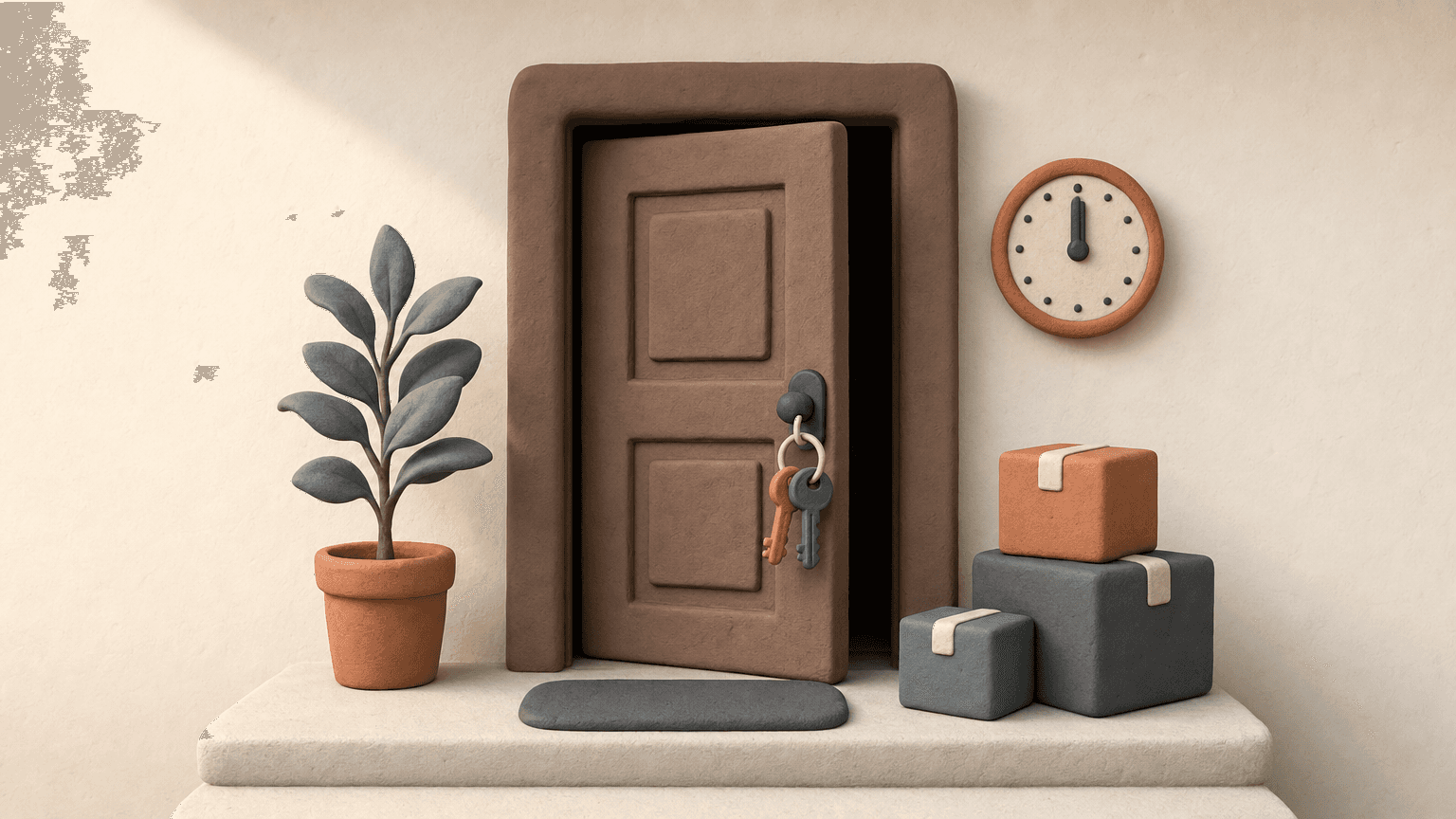 Keys in a front door at noon with moving boxes