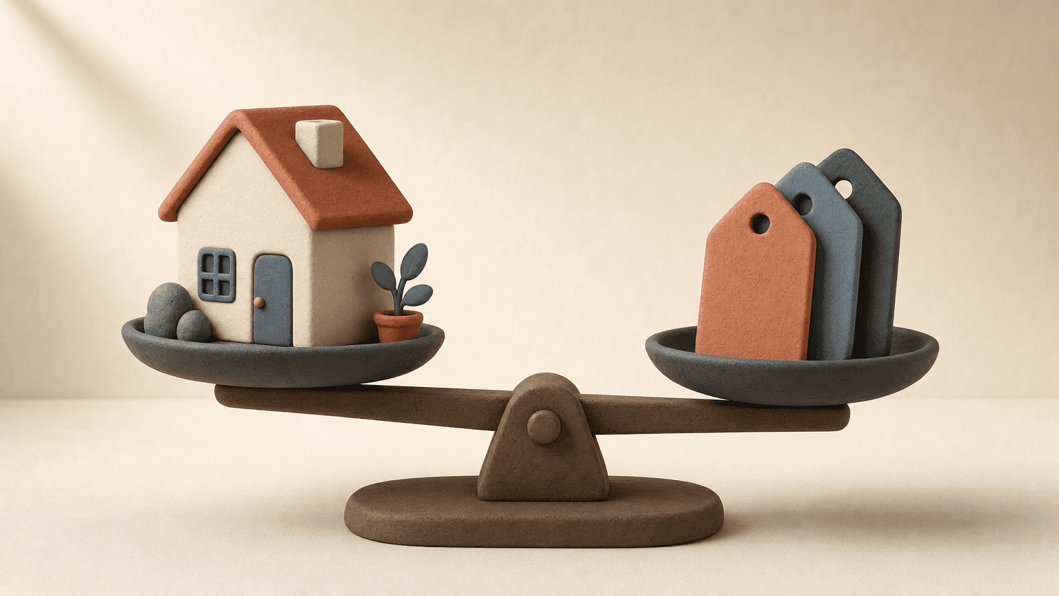 Clay model house on a balance scale beside price tags