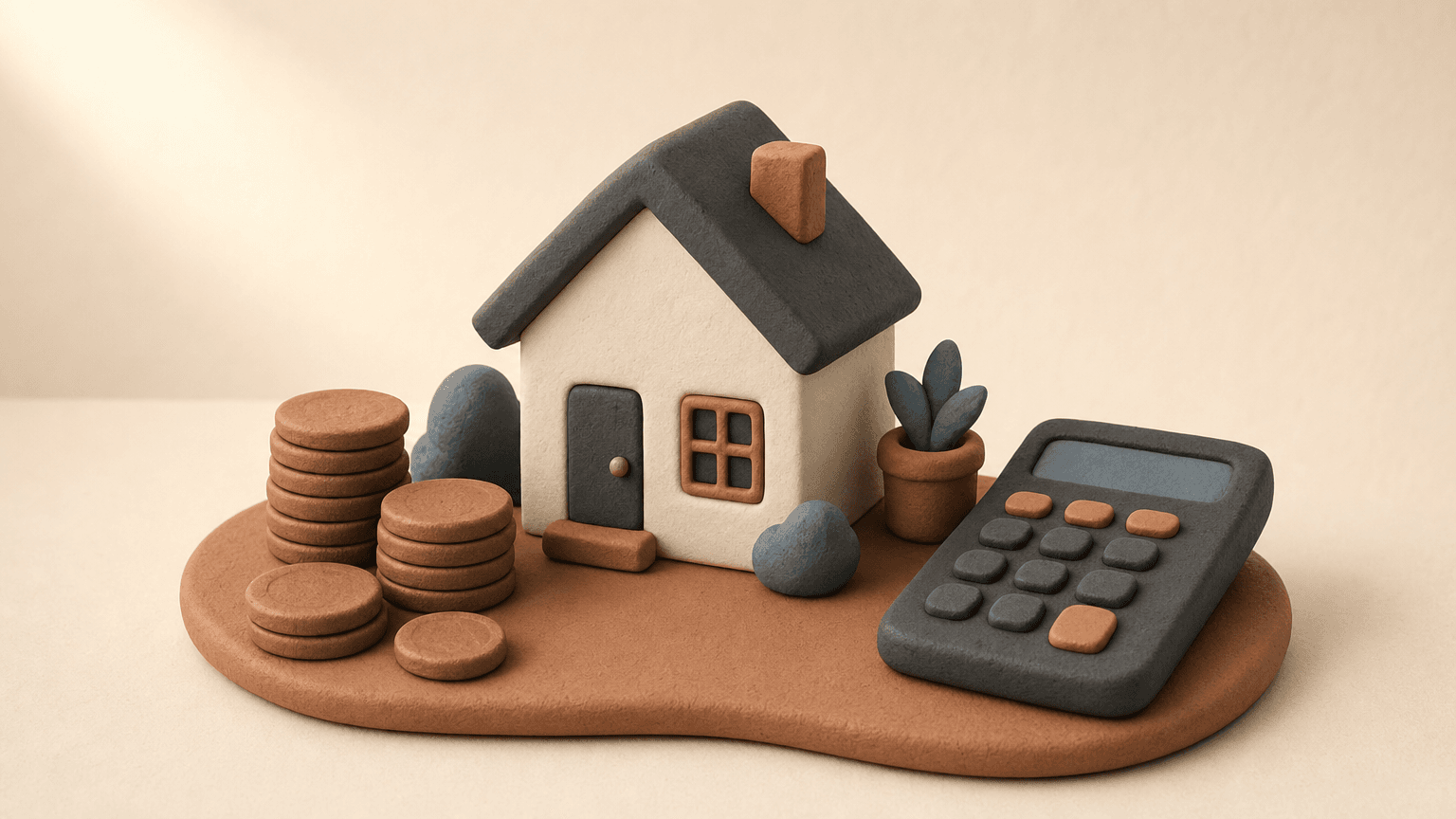 Clay house model beside stacked coins and a calculator