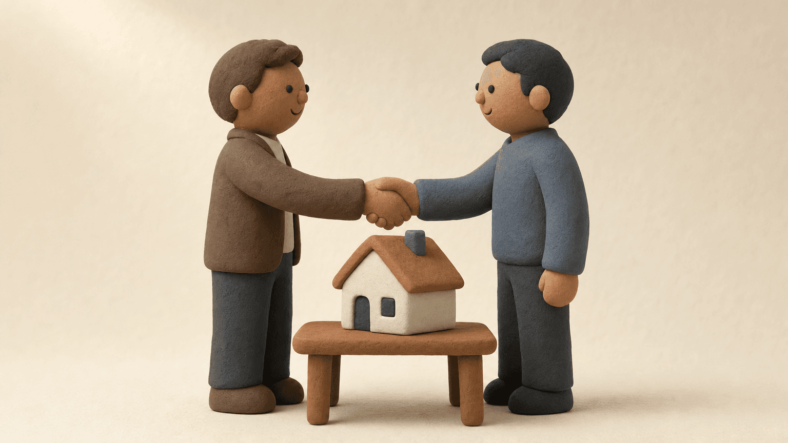 Two clay figures shaking hands across a small house model