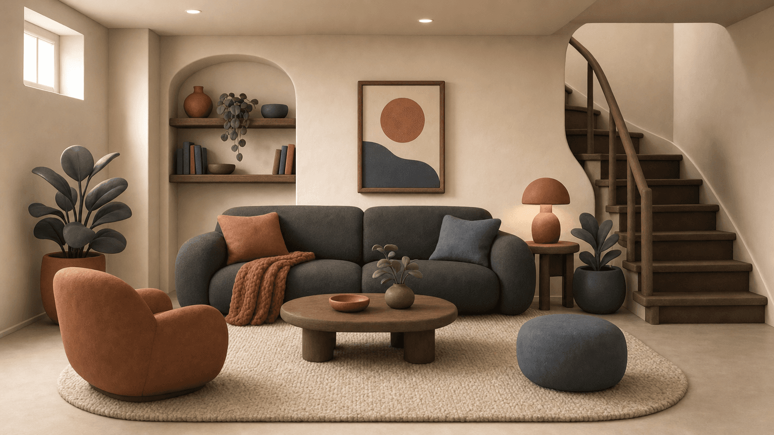 Clay-style finished basement living room with stairs