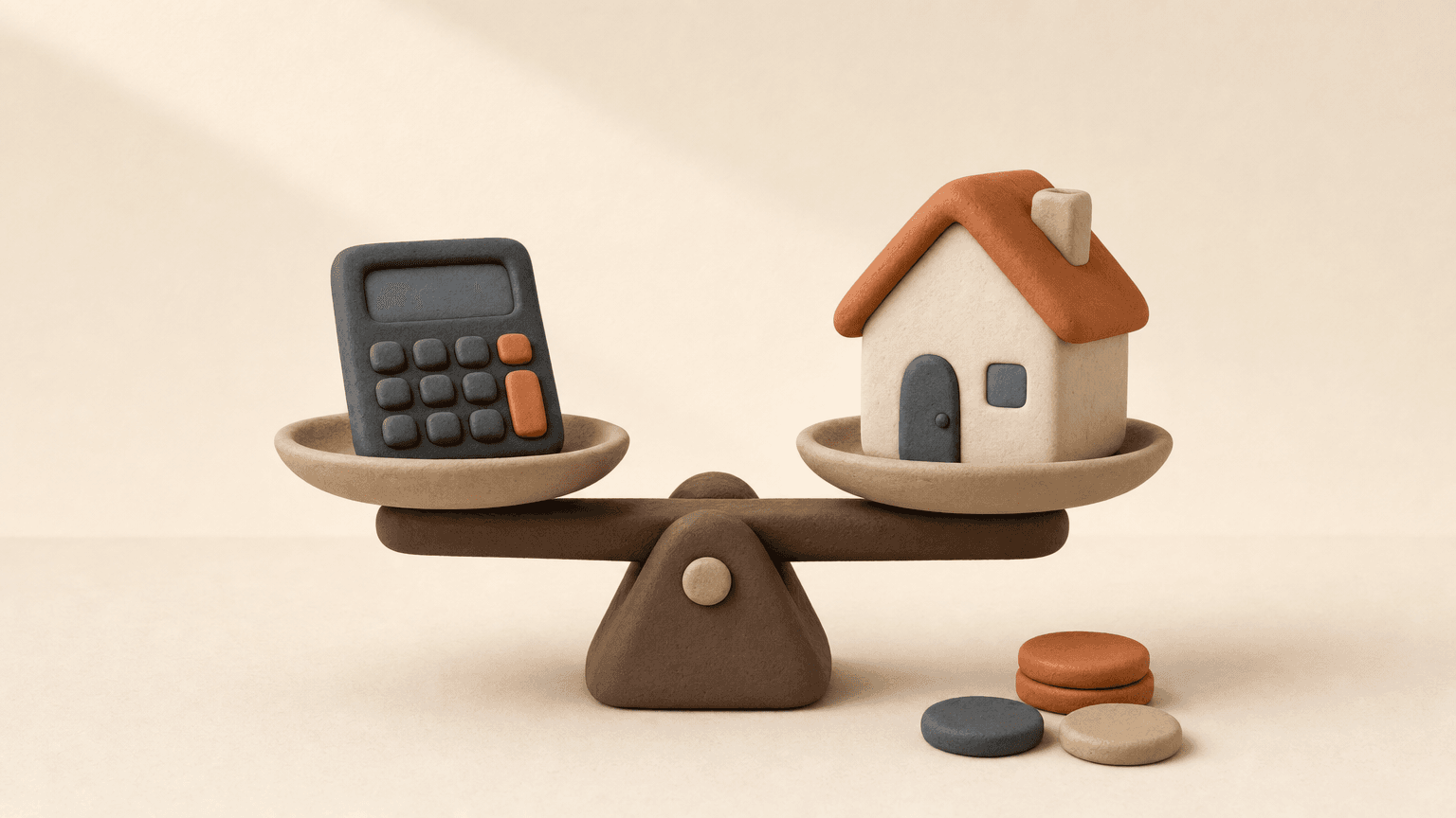 Clay calculator and small house weighing monthly costs against rent
