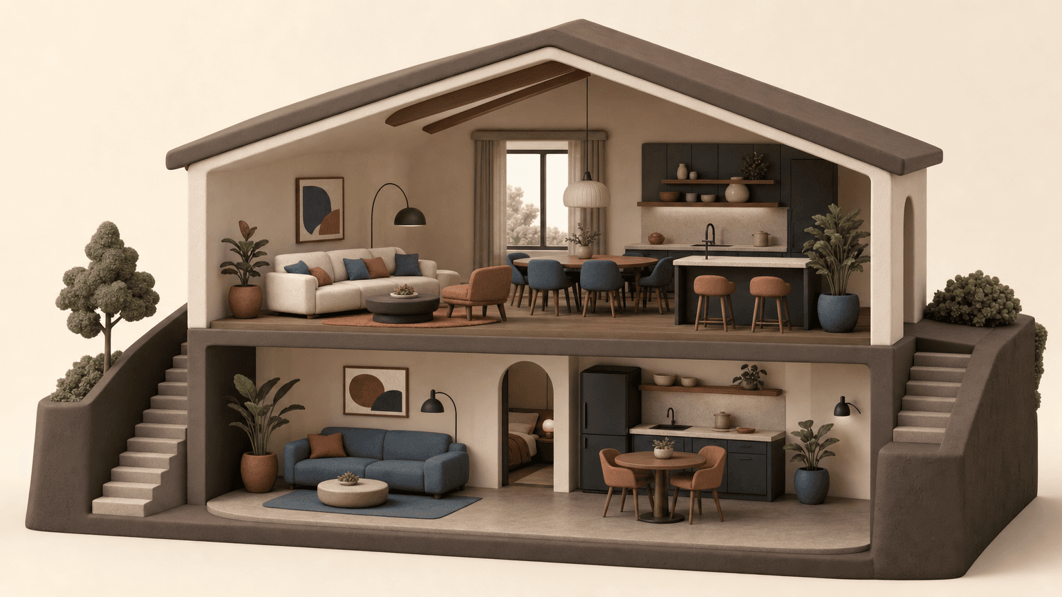 Clay cutaway of a two-storey home showing upstairs and basement living areas