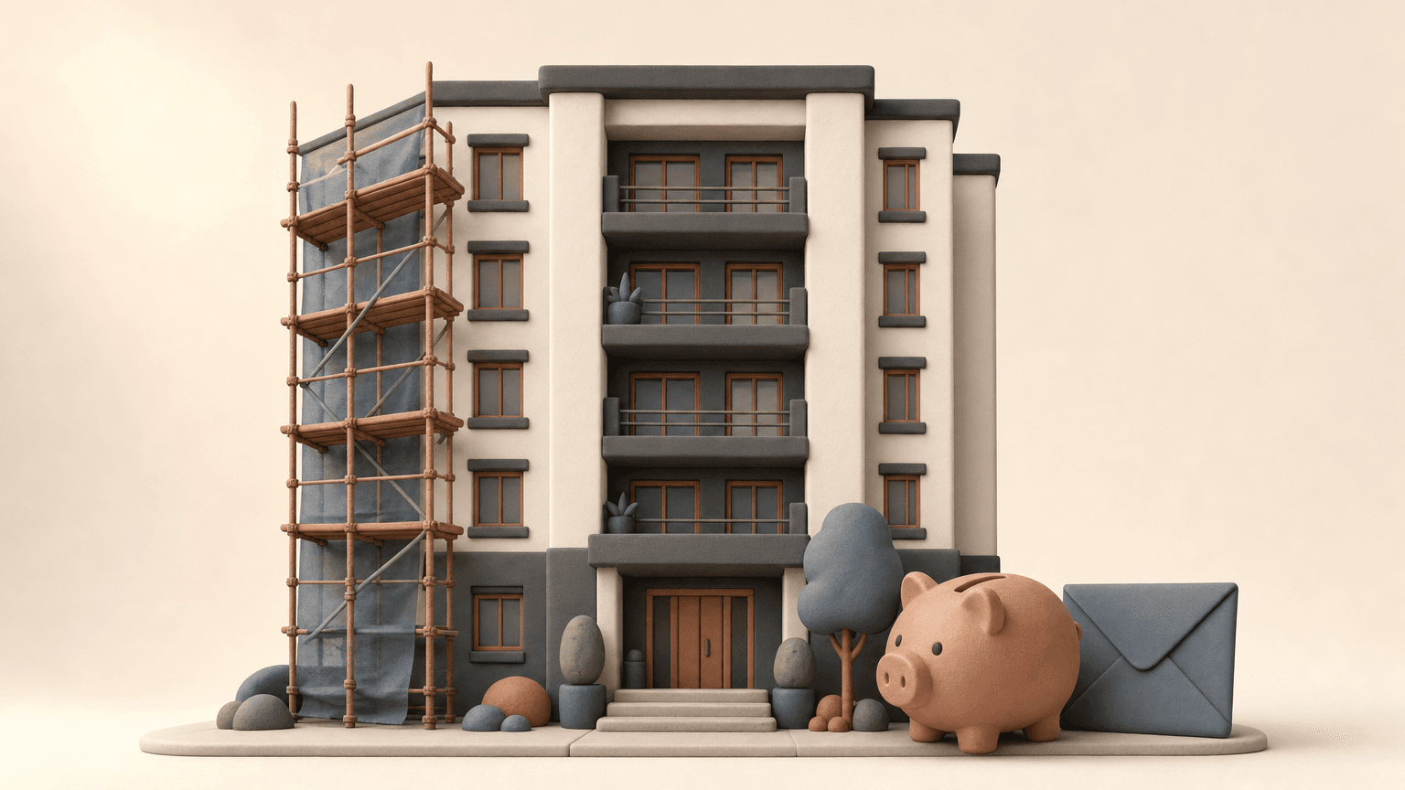 Condo building under repair beside a piggy bank