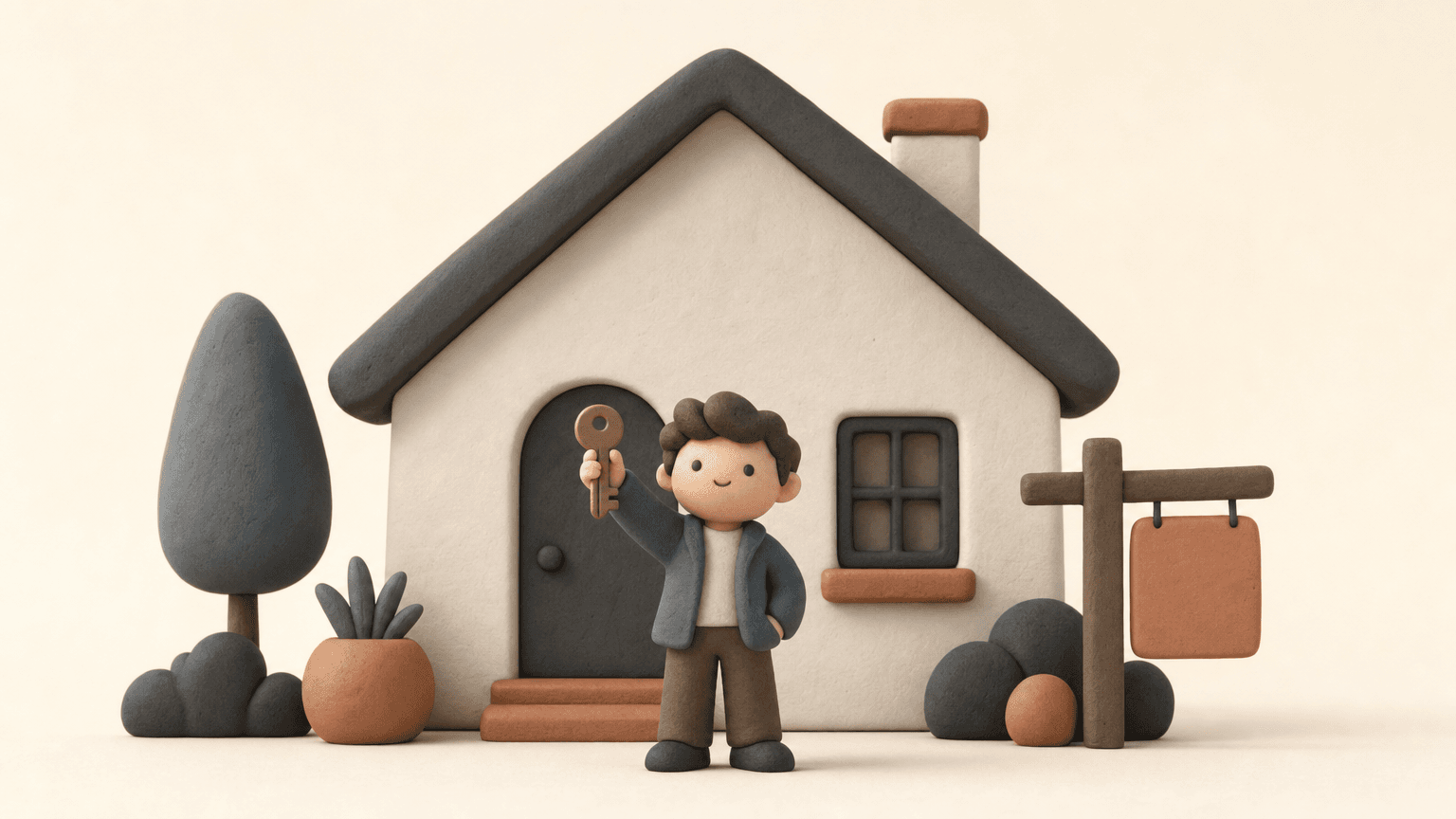 Clay figure holding a single key in front of a sold sign
