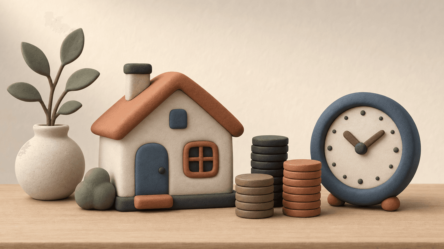 Clay house model beside stacks of coins and clock