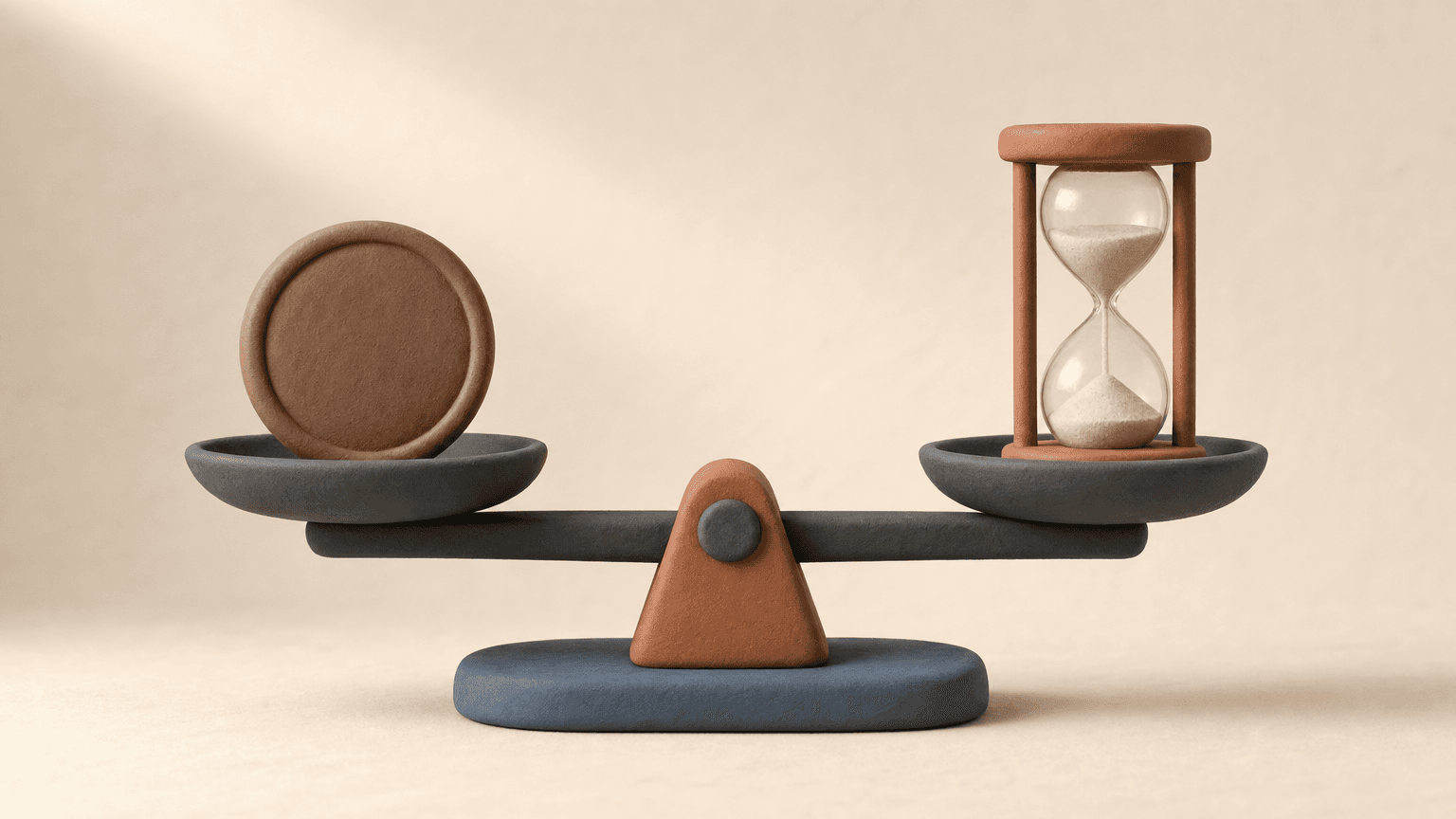 Two clay hands weighing a coin against an hourglass