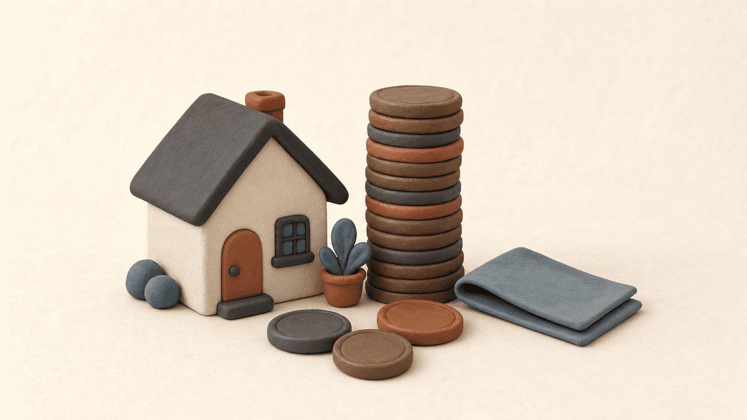 Clay model of a house with stacked coins beside it