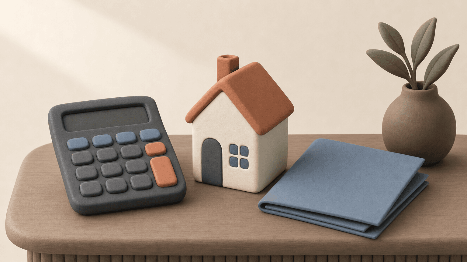 Clay calculator and a small clay house on a desk