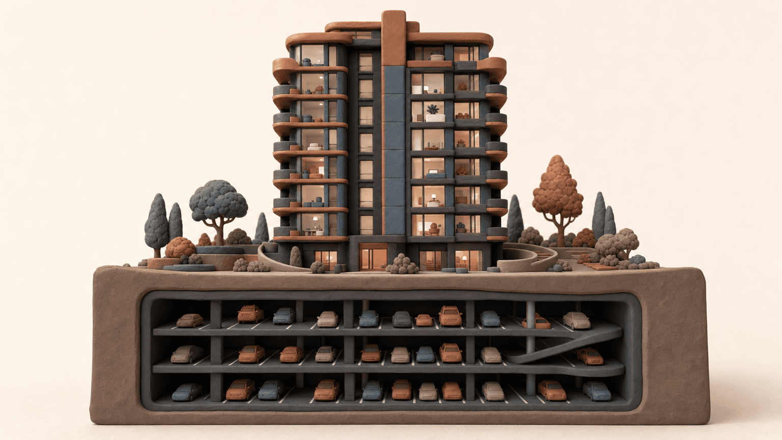 Condo tower cutaway showing underground parkade stalls