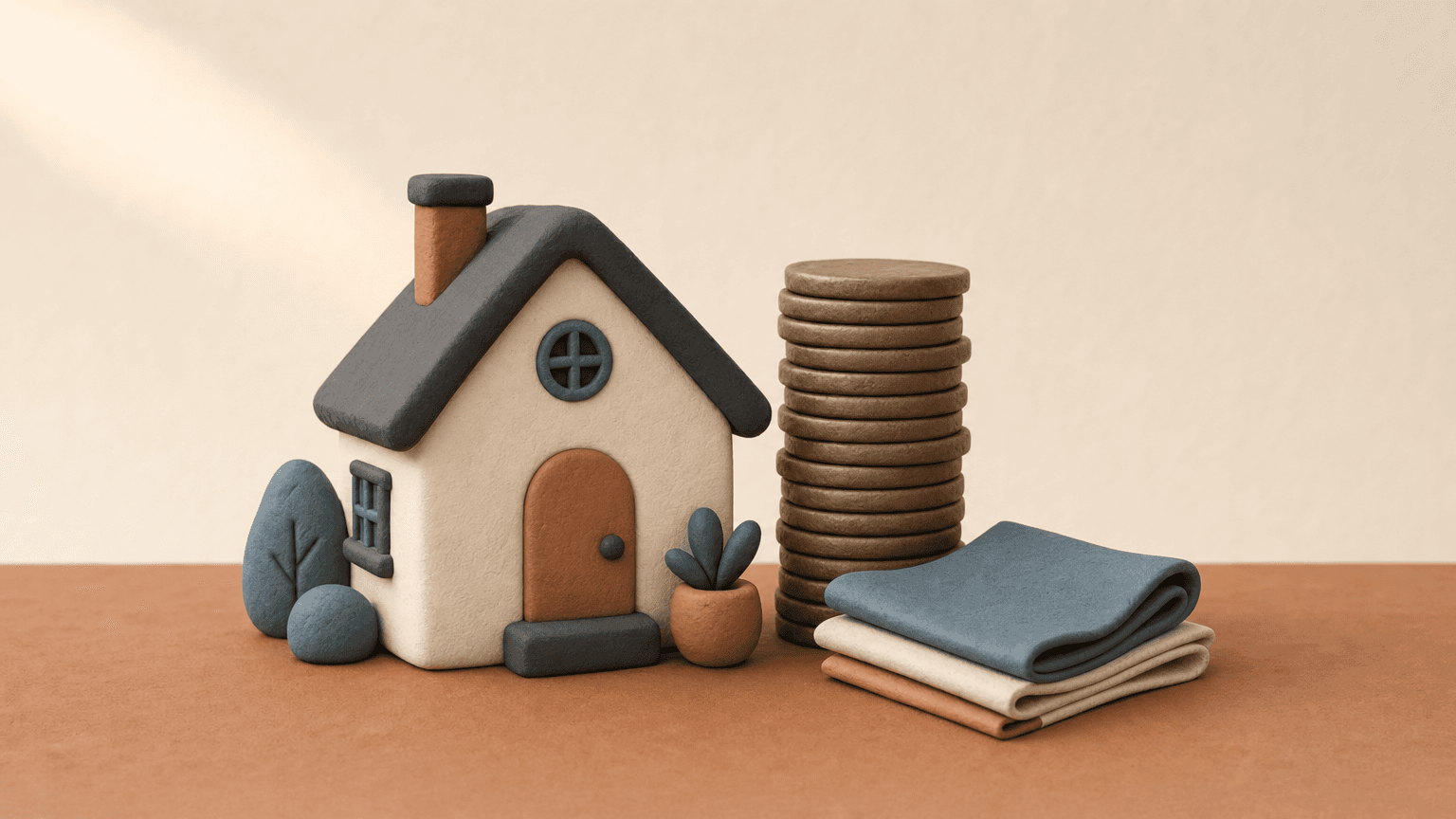 Clay house model beside a stack of cash coins