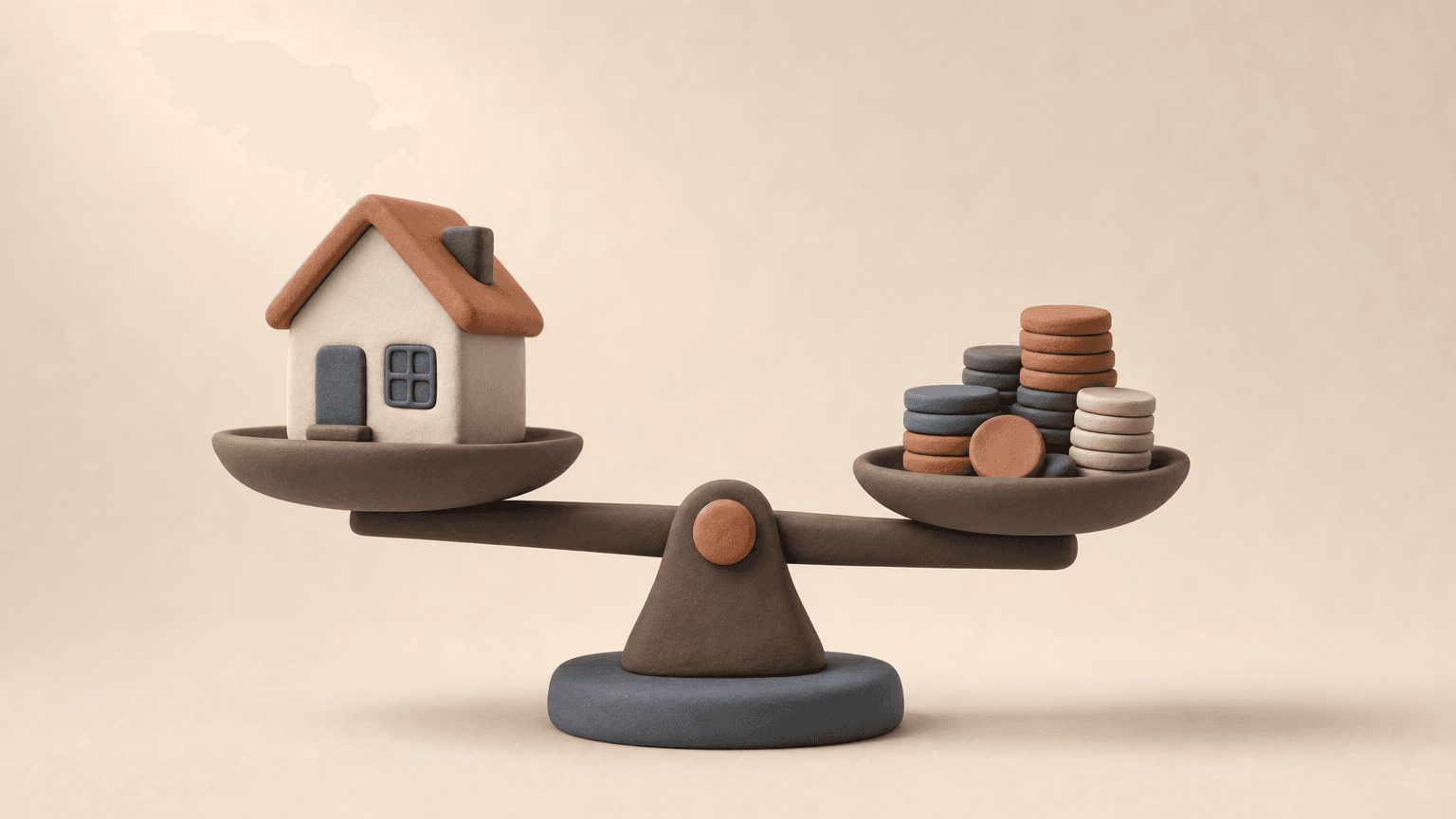Clay figure weighing two house models on a balance scale