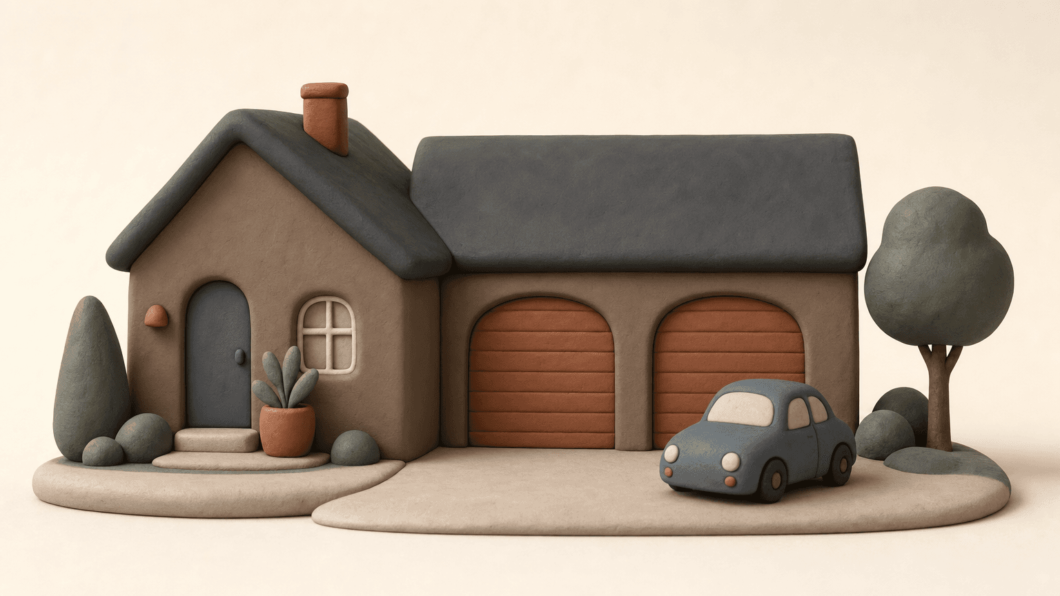 Double attached garage with two doors on a clay house