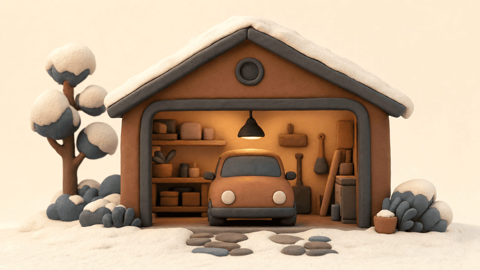 Warmly lit heated garage on a snowy evening