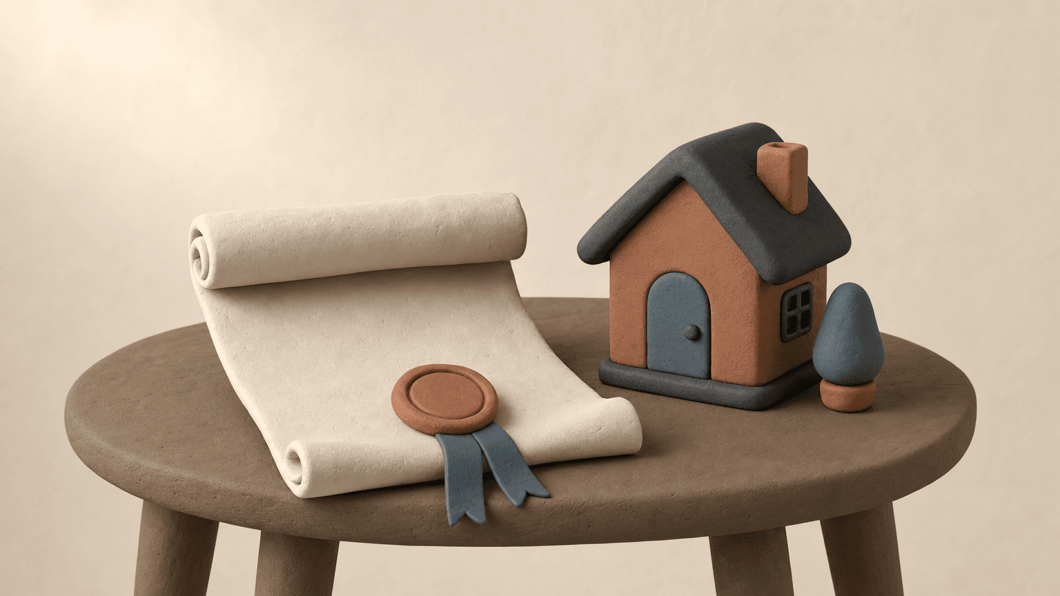 Land title document with seal beside a small house