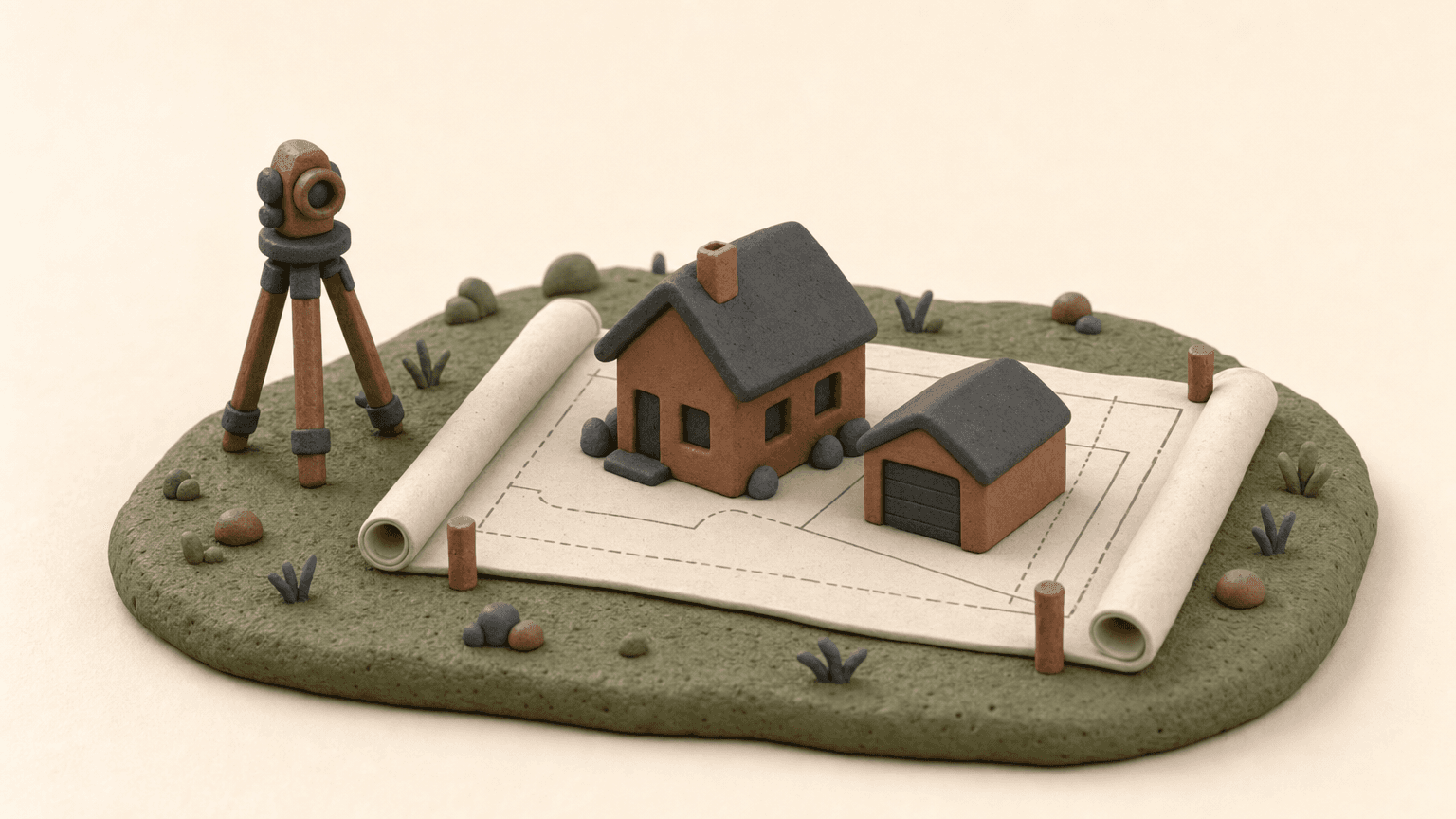 Surveyor tripod beside a site plan with a small house