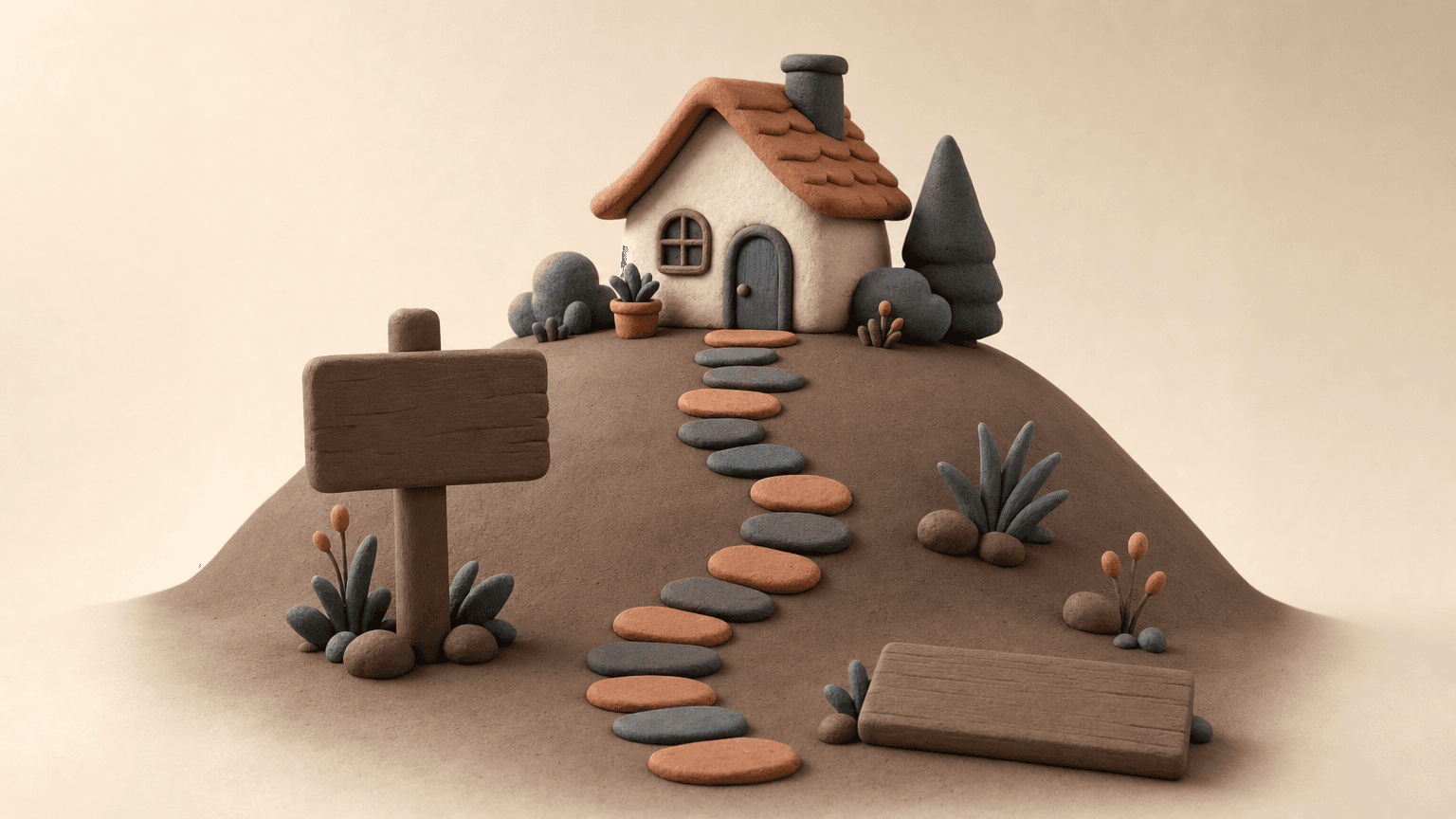 House with sign and a winding path of stepping stones