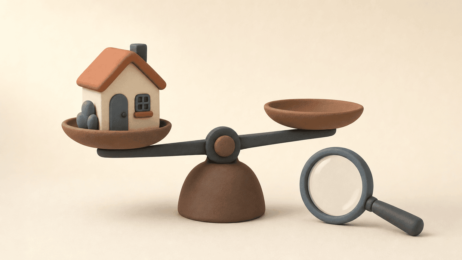 Clay model house on a balance scale beside a magnifying glass