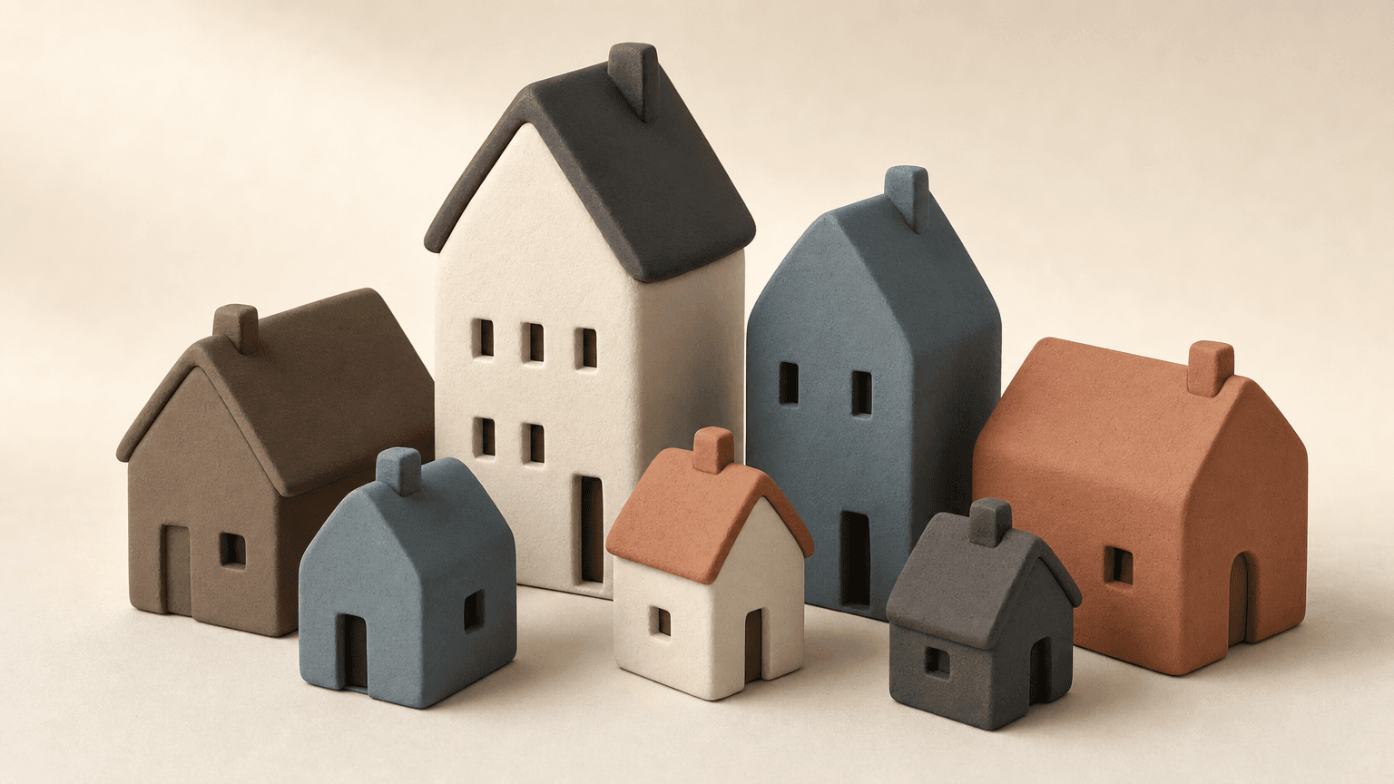 Clay model neighbourhood with houses of different sizes and prices